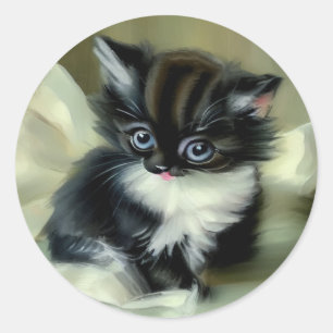 Vintage Black and White Kitten Tongue Sticking Out Classic Round Sticker