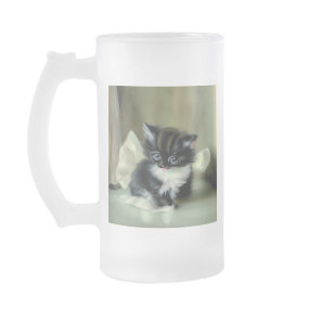 Vintage Black and White Kitten Tongue Sticking Out Frosted Glass Beer Mug