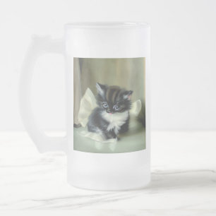 Vintage Black and White Kitten Tongue Sticking Out Frosted Glass Beer Mug