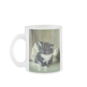 Vintage Black and White Kitten Tongue Sticking Out Frosted Glass Coffee Mug