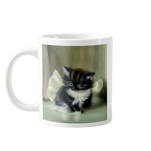 Vintage Black and White Kitten Tongue Sticking Out Giant Coffee Mug