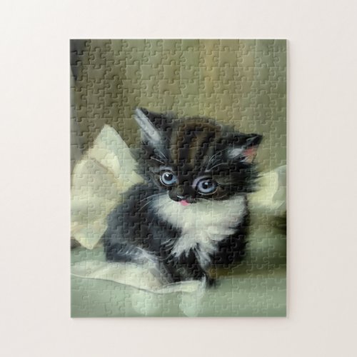 Vintage Black and White Kitten Tongue Sticking Out Jigsaw Puzzle