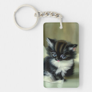 Vintage Black and White Kitten Tongue Sticking Out Keychain