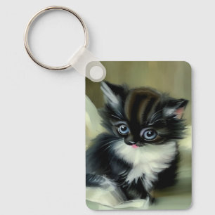 Vintage Black and White Kitten Tongue Sticking Out Keychain