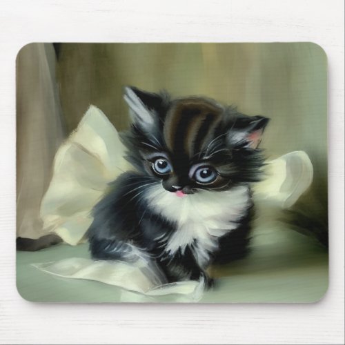Vintage Black and White Kitten Tongue Sticking Out Mouse Pad