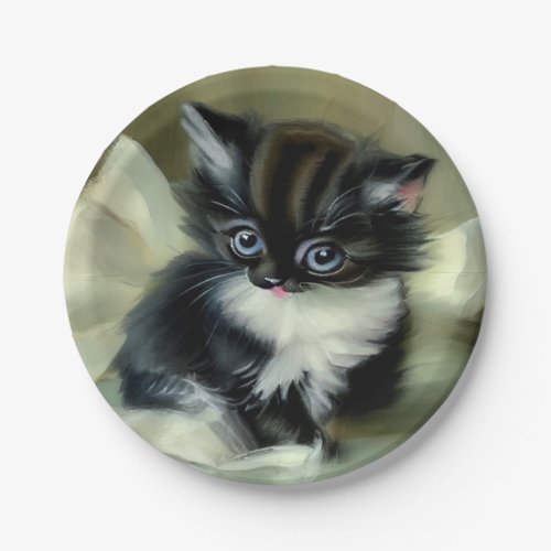 Vintage Black and White Kitten Tongue Sticking Out Paper Plates