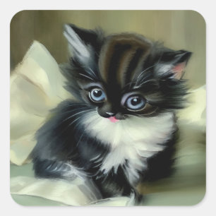 Vintage Black and White Kitten Tongue Sticking Out Square Sticker