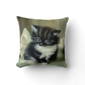 Vintage Black and White Kitten Tongue Sticking Out Throw Pillow