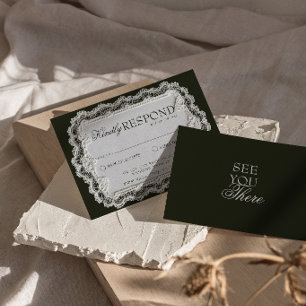 Vintage Black And White Lace Fancy Retro Wedding RSVP Card