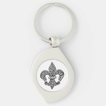 Vintage Black And White Lacy Fleur De Lis Keychain by ShabzDesigns at Zazzle