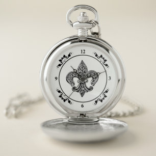 Vintage Black and White Lacy Fleur De Lis Pocket Watch
