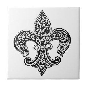 Vintage Black and White Lacy Fleur De Lis Tile
