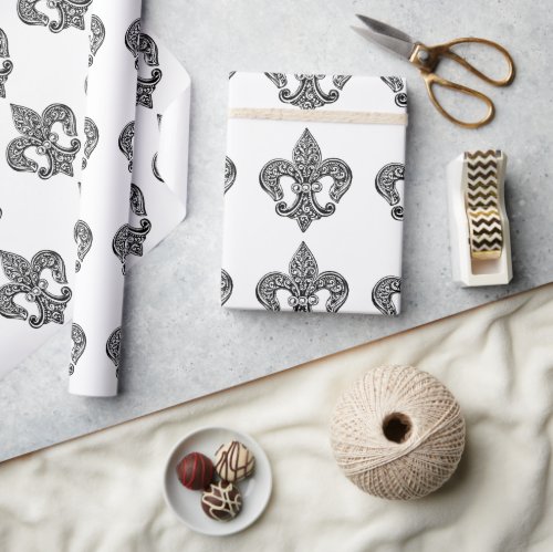 Vintage Black and White Lacy Fleur De Lis Wrapping Paper