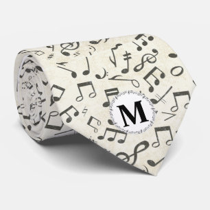 vintage black and white music note monogram neck tie