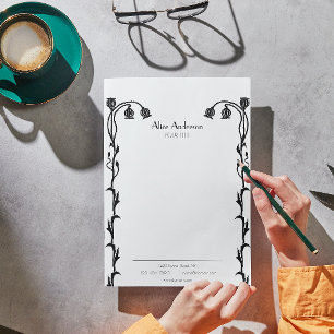 Vintage Black and White Nouveau Floral Wildflower Letterhead