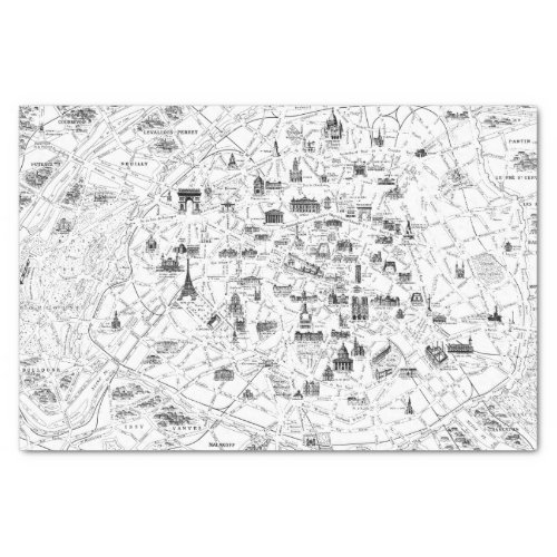 Vintage Black and White Paris France Map Decoupage Tissue Paper