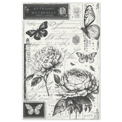 Vintage black and white peonies and butterflies tissue paper