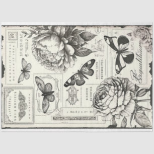 Vintage black and white peonies and butterfly tissue paper