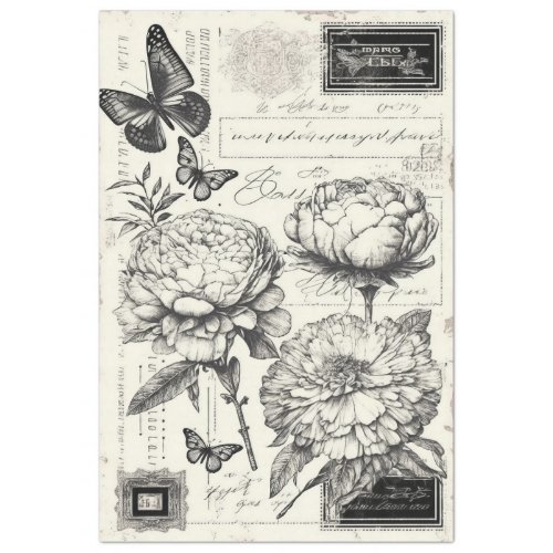 Vintage black and white peonies and butterfly tissue paper