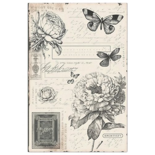 Vintage black and white peonies and butterfly tissue paper