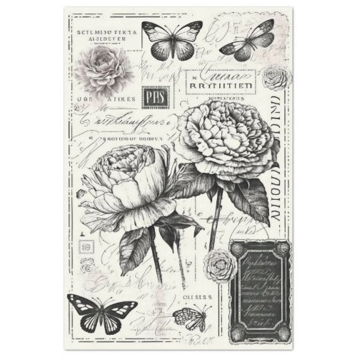 Vintage black and white peonies and butterfly tissue paper