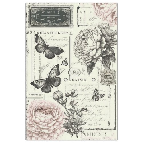 Vintage black and white peonies and butterfly tissue paper