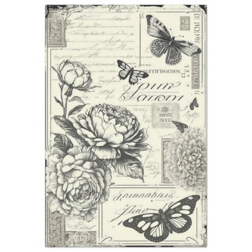 Vintage black and white peonies and butterfly tissue paper
