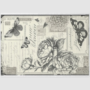 Vintage black and white peonies and butterfly tissue paper