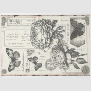 Vintage black and white peonies and butterfly tissue paper