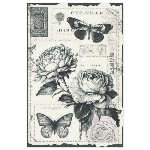 Vintage black and white peonies and butterfly tissue paper