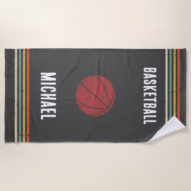 Vintage Black and White Personalized Basketball  Beach Towel (Front)