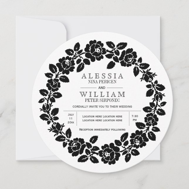 Vintage black and white rose wreath wedding invitation (Front)