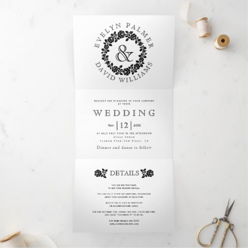 Vintage black and white rose wreath wedding Tri_Fold invitation