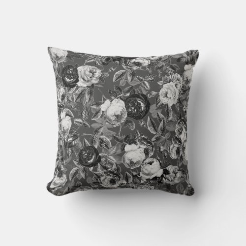 Vintage Black and White Roses Dark Grey Floral Throw Pillow