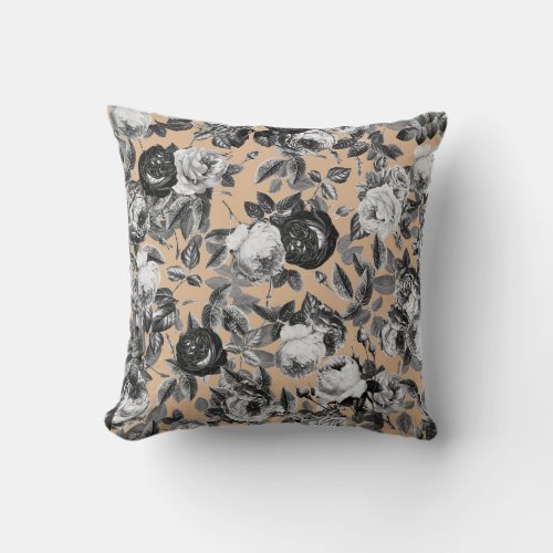 Vintage Black and White Roses on Tan Floral Throw Pillow