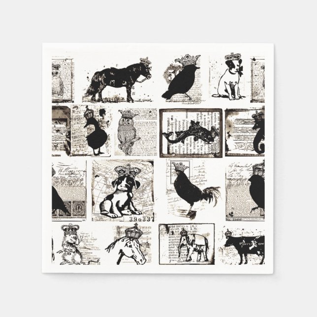 Vintage Black And White Royal Animals Paper Napkins (Front)