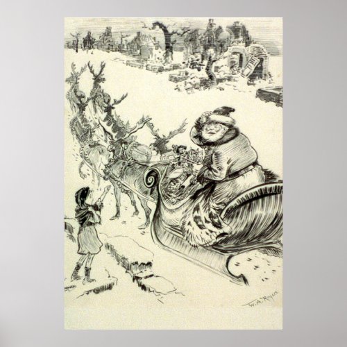 Vintage Black and White Santa Coming to Town Poster