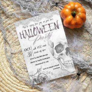 Vintage black and white skull adult halloween invitation