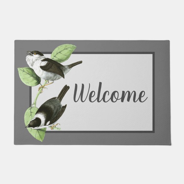 Vintage Black and White Songbirds Welcome Doormat (Front)