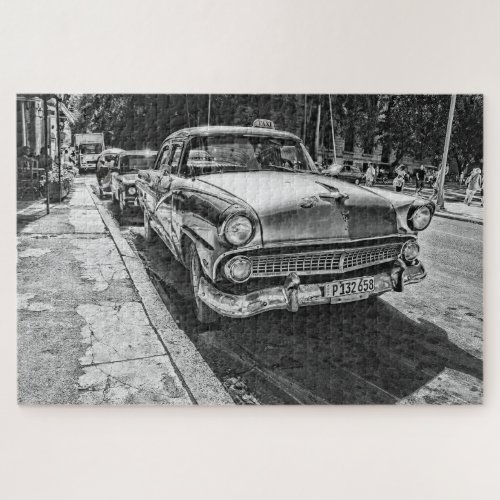 Vintage Black and White Taxi Street Scene Jigsaw Puzzle