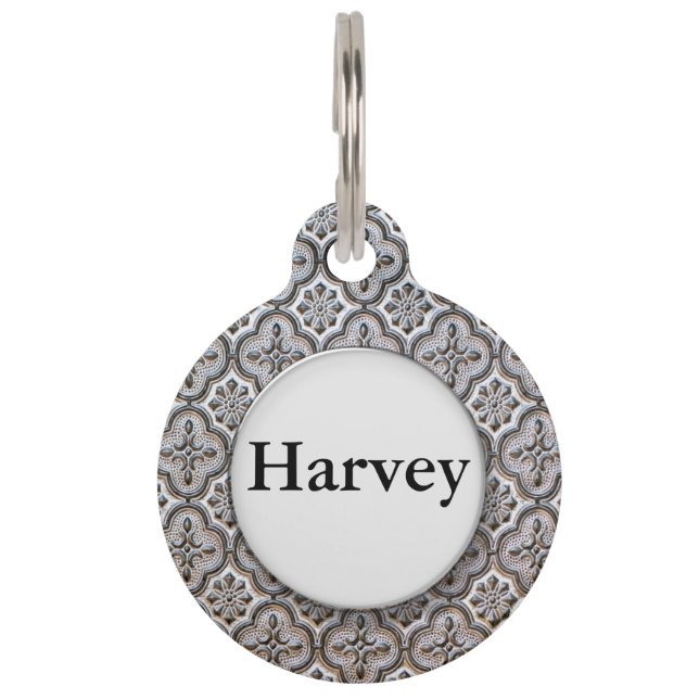 Vintage Black and White Tile Pet Name Tag (Front)