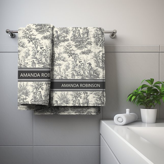 Vintage black and white toile de jouy printed bath towel set (Creator Uploaded)