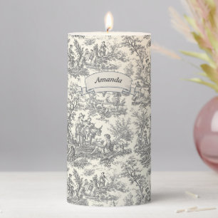 Vintage black and white toile de jouy printed pillar candle