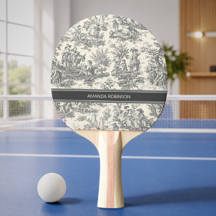 Vintage black and white toile de jouy printed ping pong paddle