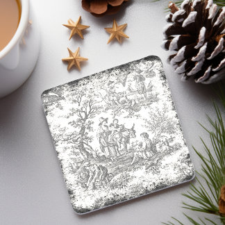 Vintage black and white tree toile de jouy printed stone coaster