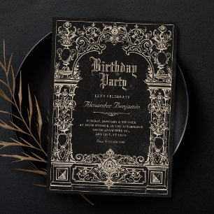Vintage black baroque gothic arch birthday invitation