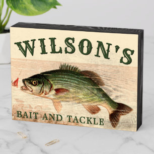 Vintage Black Bass Fish Bait & Tackle Template Wooden Box Sign