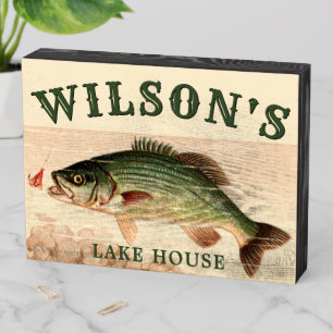 Vintage Black Bass Fish Lake House Template Wooden Box Sign