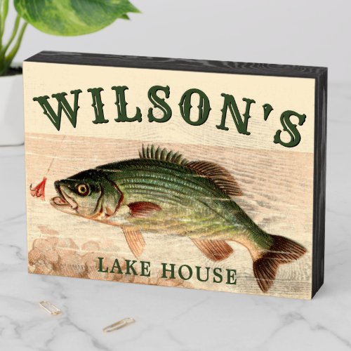 Vintage Black Bass Fish Lake House Template Wooden Box Sign