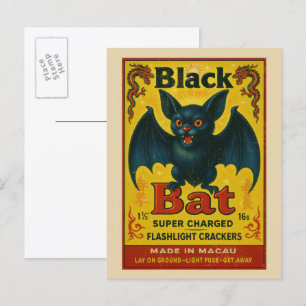 Vintage Black Bat Firecracker Label Halloween Postcard